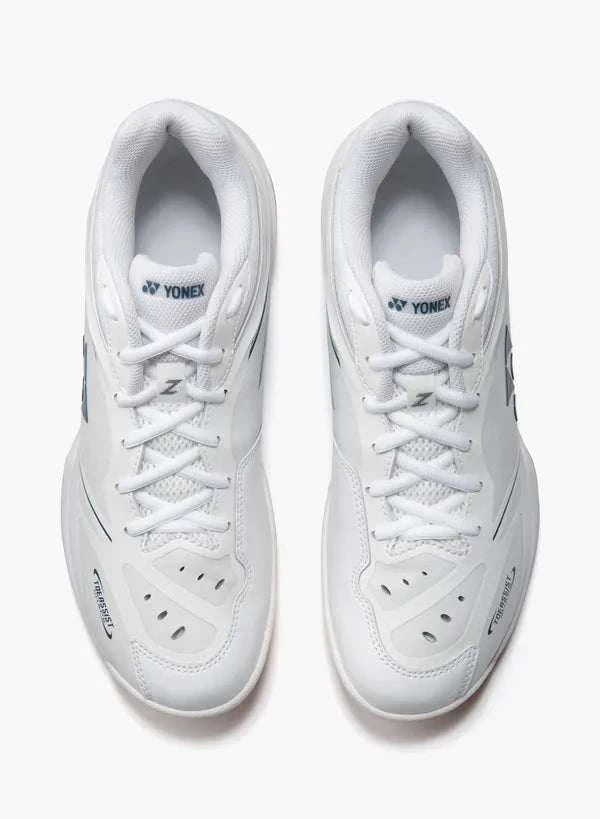 Yonex Power Cushion 65 Z4 Slim badminton shoes in white synthetic leather with mesh panels, lace-up fronts and a slim profile