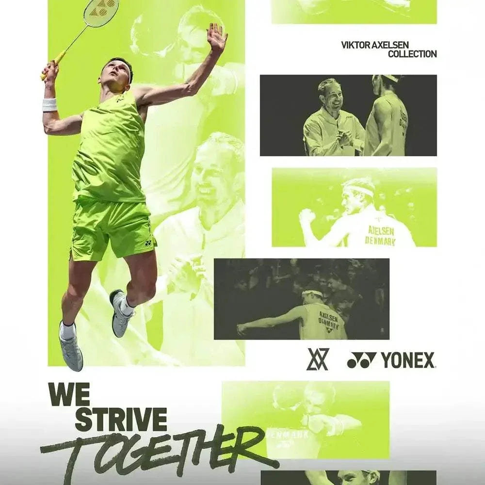 Yonex Power Cushion 65 Z4 VA campaign collage with green-tinted Viktor Axelsen badminton action photos and bold We Strive Together text