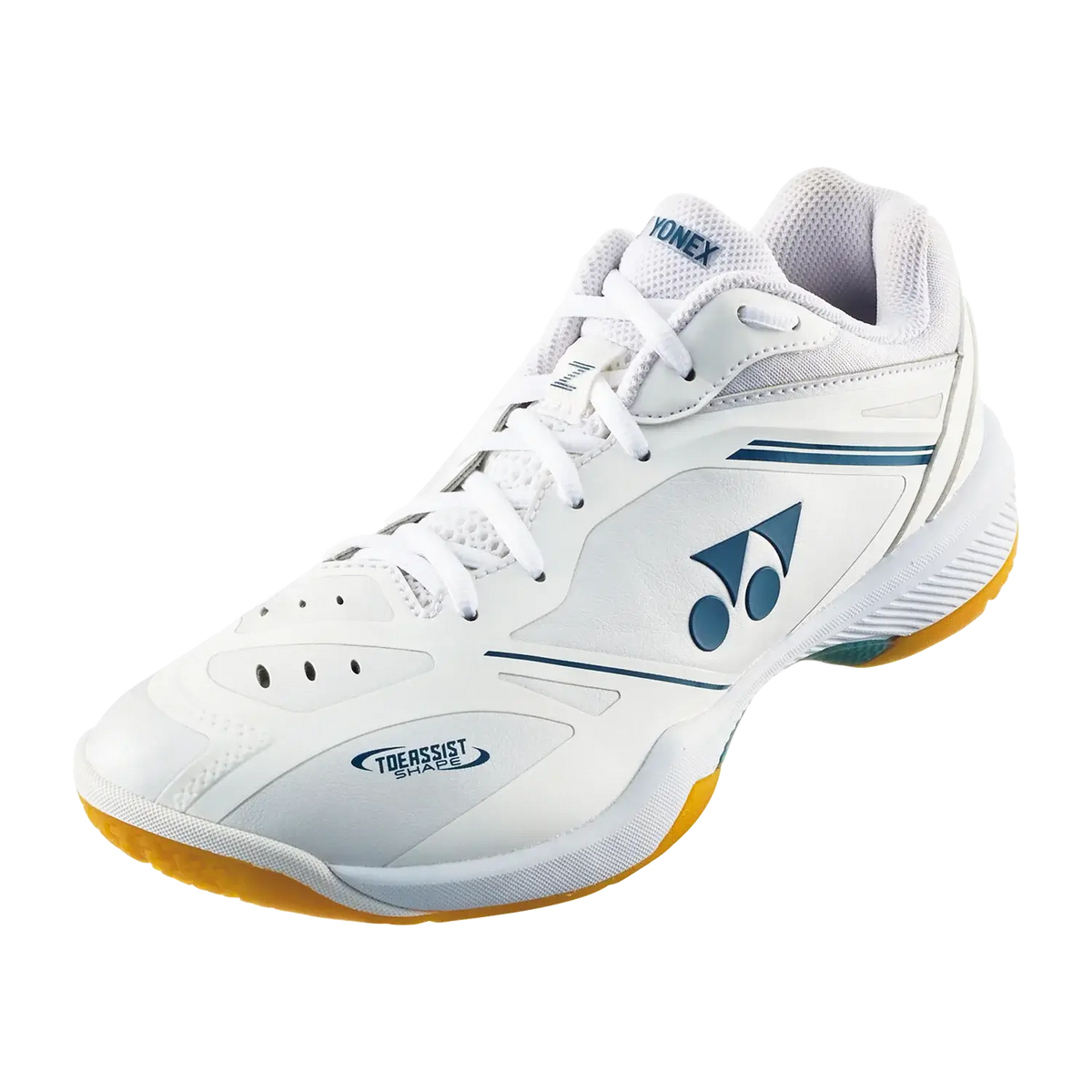 Yonex Power Cushion 65 Z4 badminton shoe in white synthetic leather with navy accents, mesh panels and gold outsole