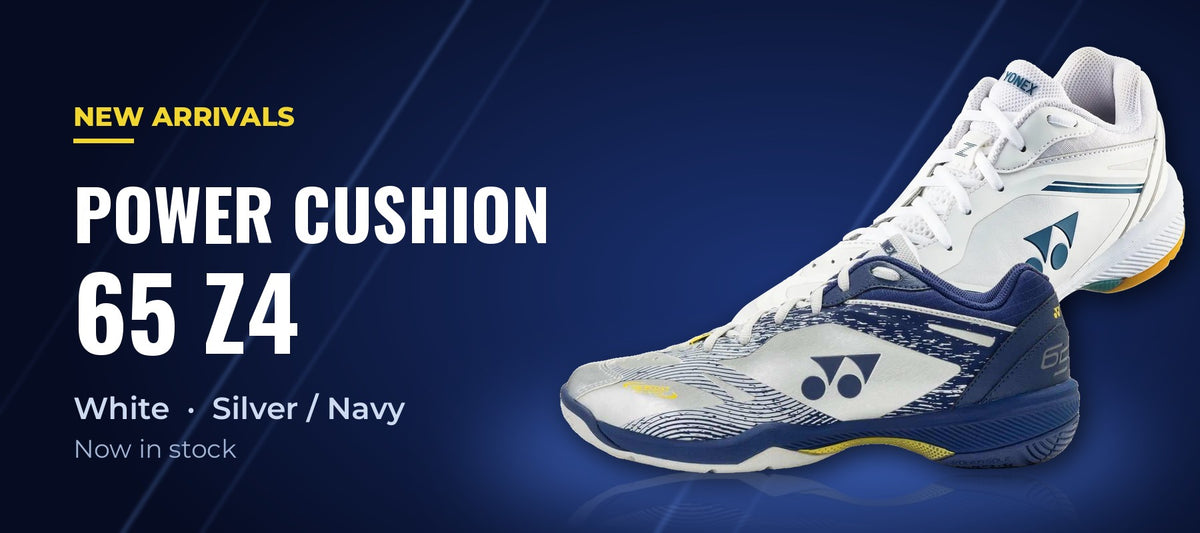 Yonex Power Cushion 65 Z4 badminton shoes in White and Silver/Navy, new arrivals at Badminton Avenue