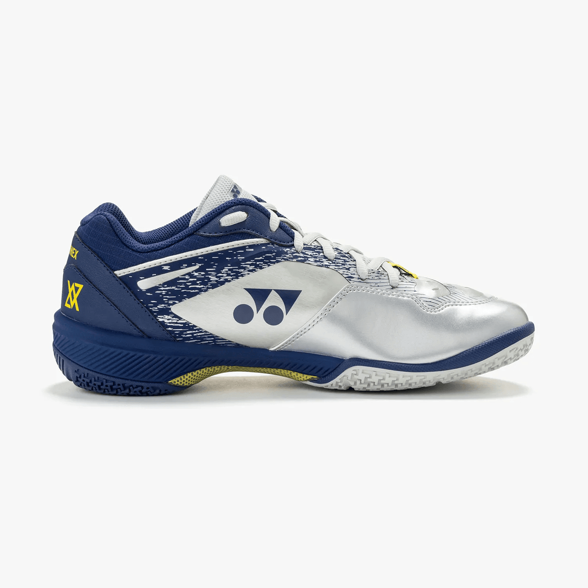 Yonex Power Cushion 65 Z4 Wide badminton shoe in silver and navy synthetic leather, with mesh panels and yellow accents