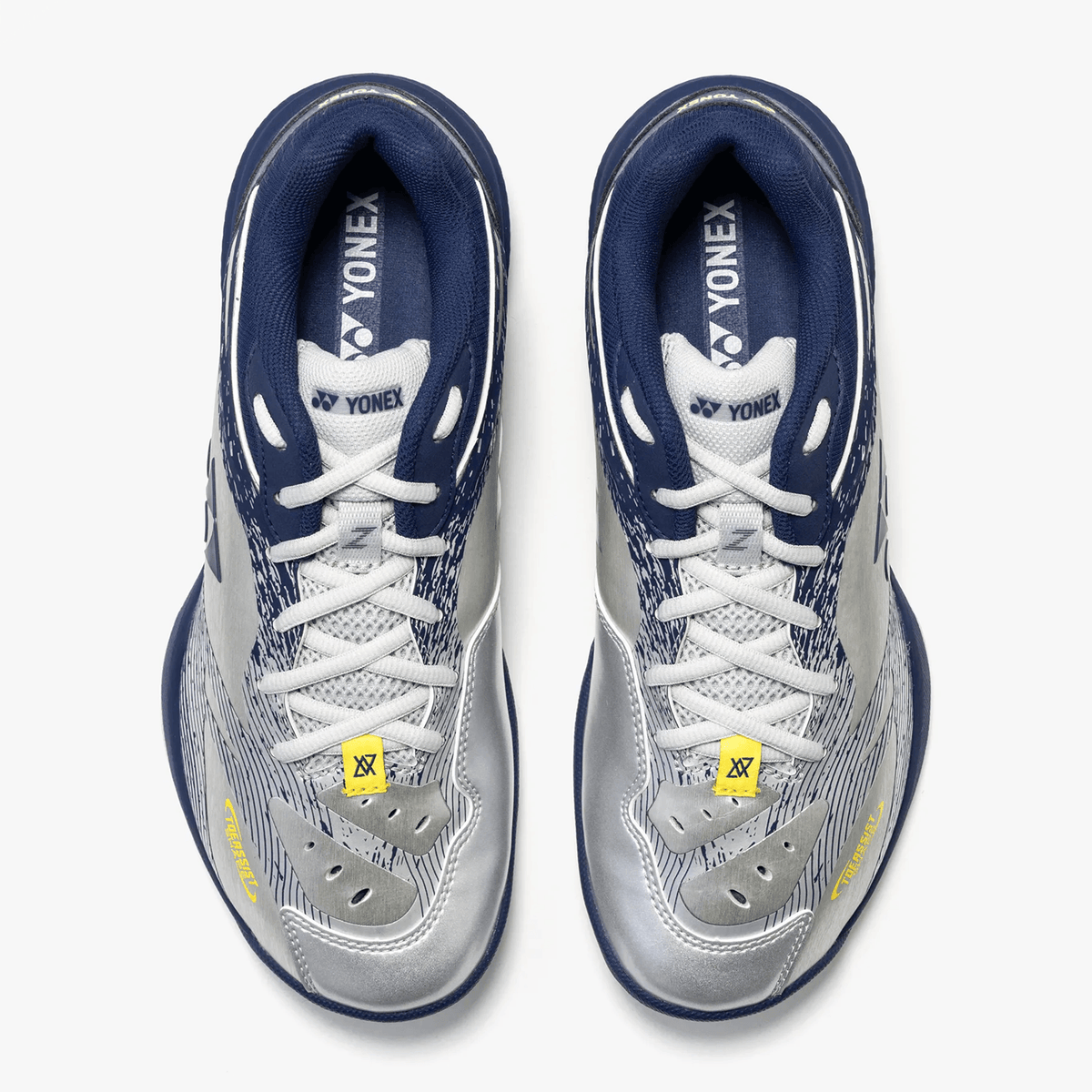 Yonex Power Cushion 65 Z4 Wide badminton shoes in silver and navy with mesh uppers, white laces and yellow accents