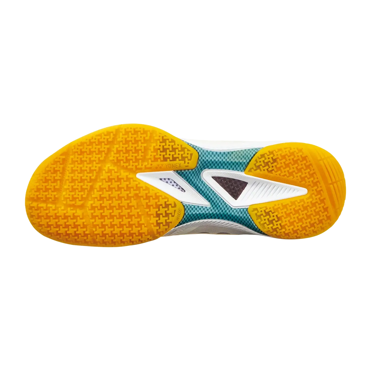 Yonex Power Cushion 65 Z4 badminton shoe outsole with bright yellow textured rubber tread and teal, white and gray sections