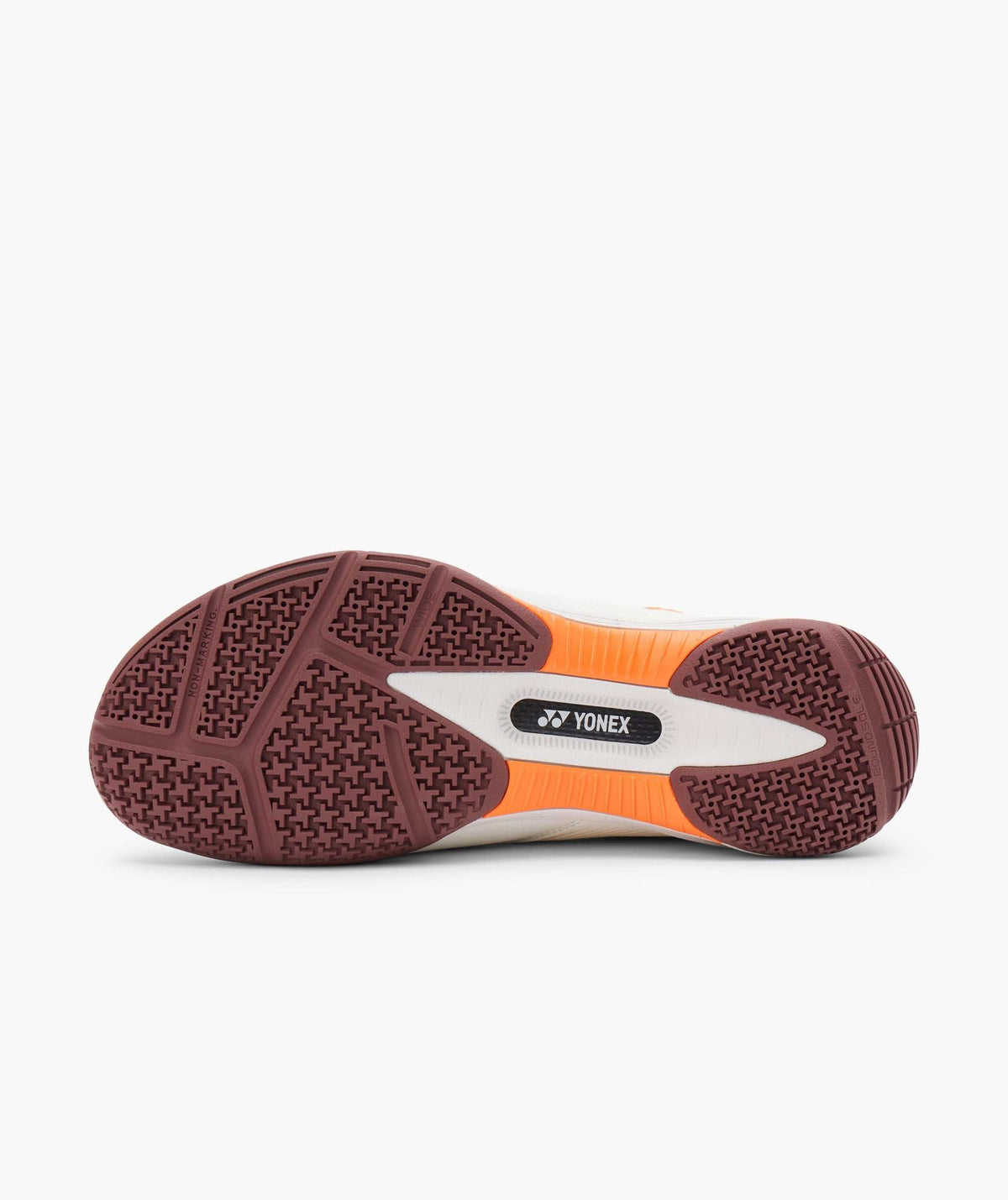 Yonex Power Cushion 88 Dial 3 badminton shoe shown from below with a burgundy patterned rubber sole and bright orange accents