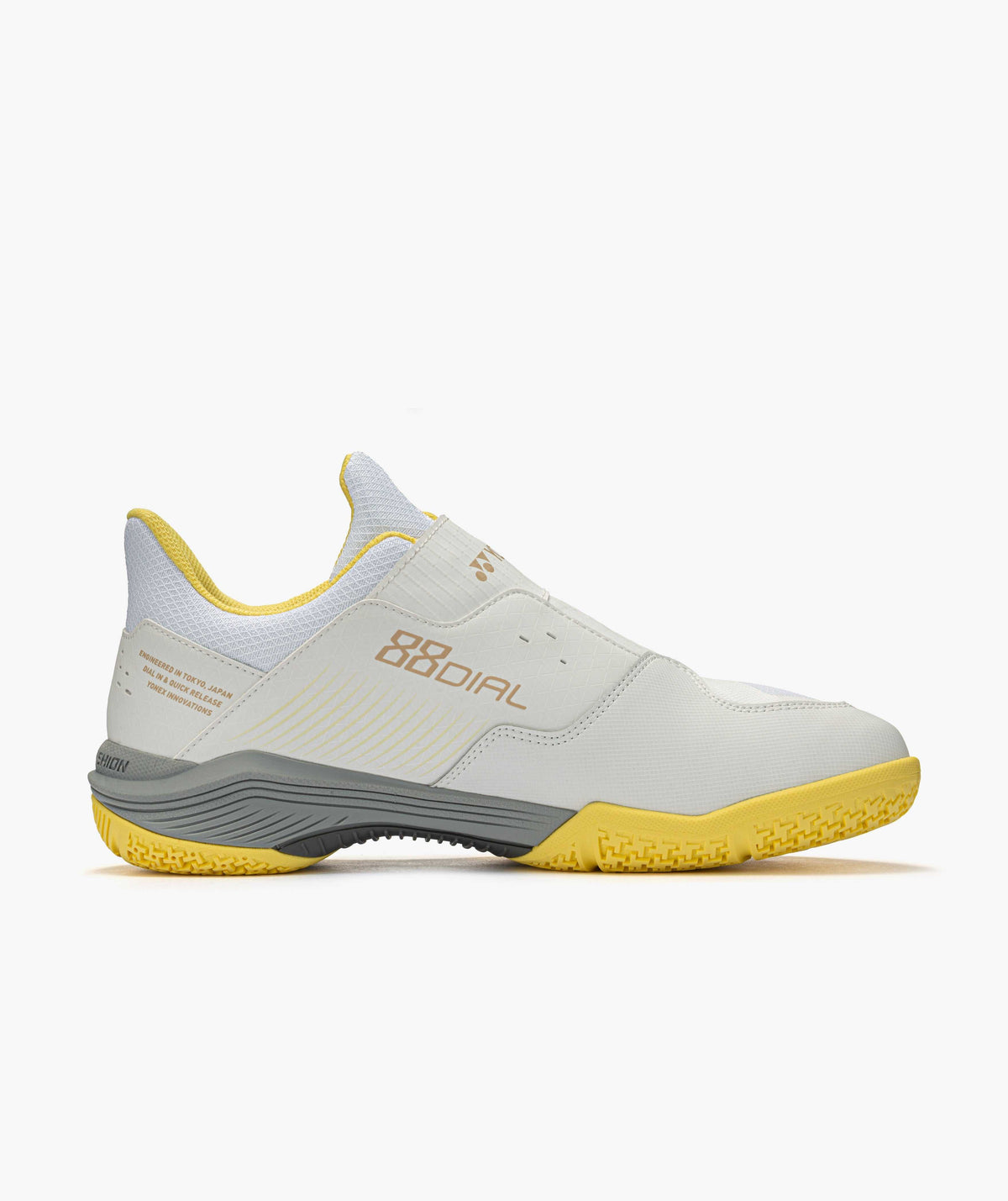Yonex Power Cushion 88 Dial 3 badminton shoe in pale grey synthetic material with yellow accents and a lace-free upper