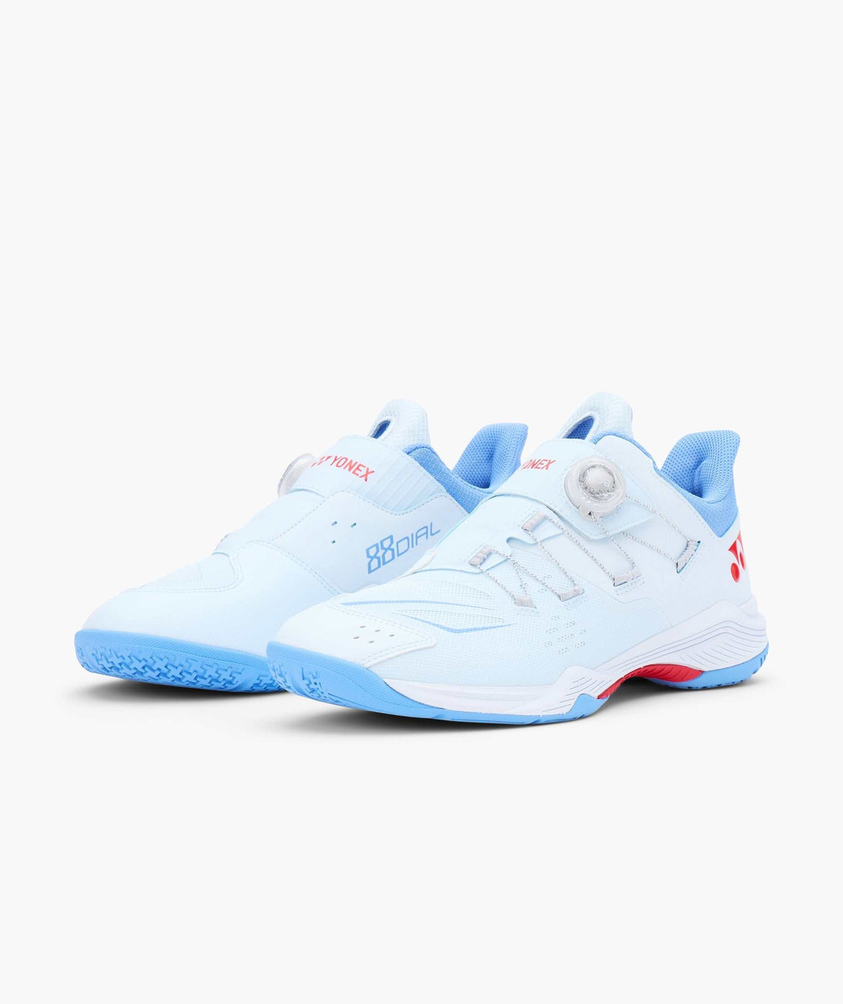 Yonex Power Cushion 88 Dial 3 badminton shoes in pale blue with white overlays, dial closure and red accents
