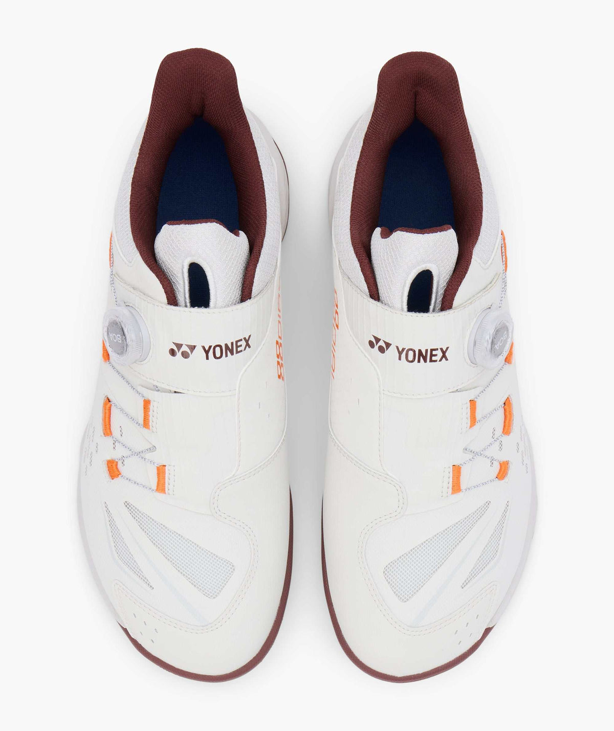 Yonex Power Cushion 88 Dial 3 badminton shoes in white with orange accents, burgundy lining and adjustable dial closures
