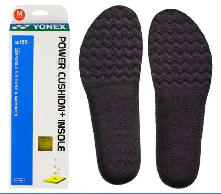 Yonex Power Cushion+ Badminton shoe insoles in black textured material with wavy cushioning and retail packaging