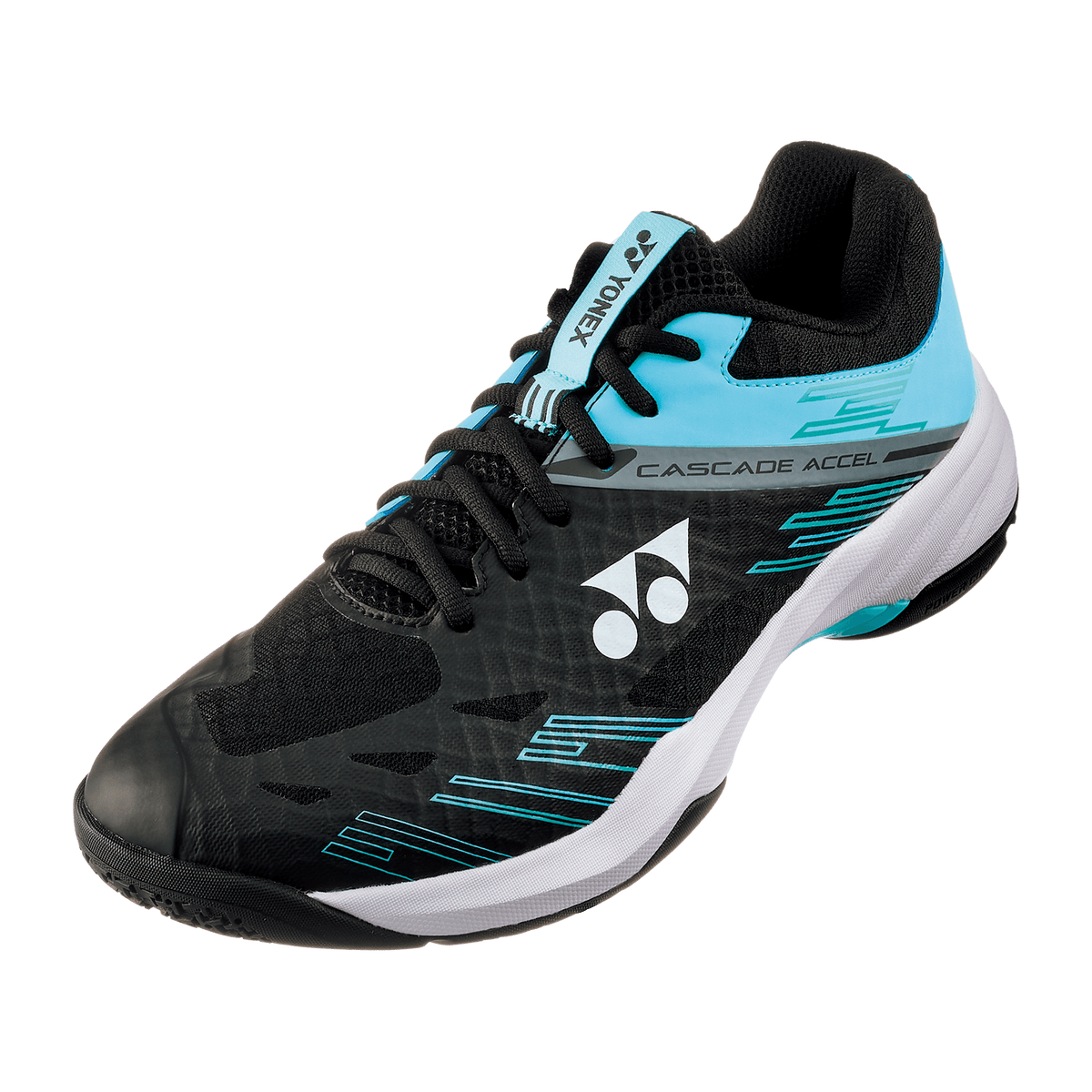 Yonex Power Cushion Cascade Accel badminton shoe in black and ice blue, with mesh panels, turquoise accents and white sole