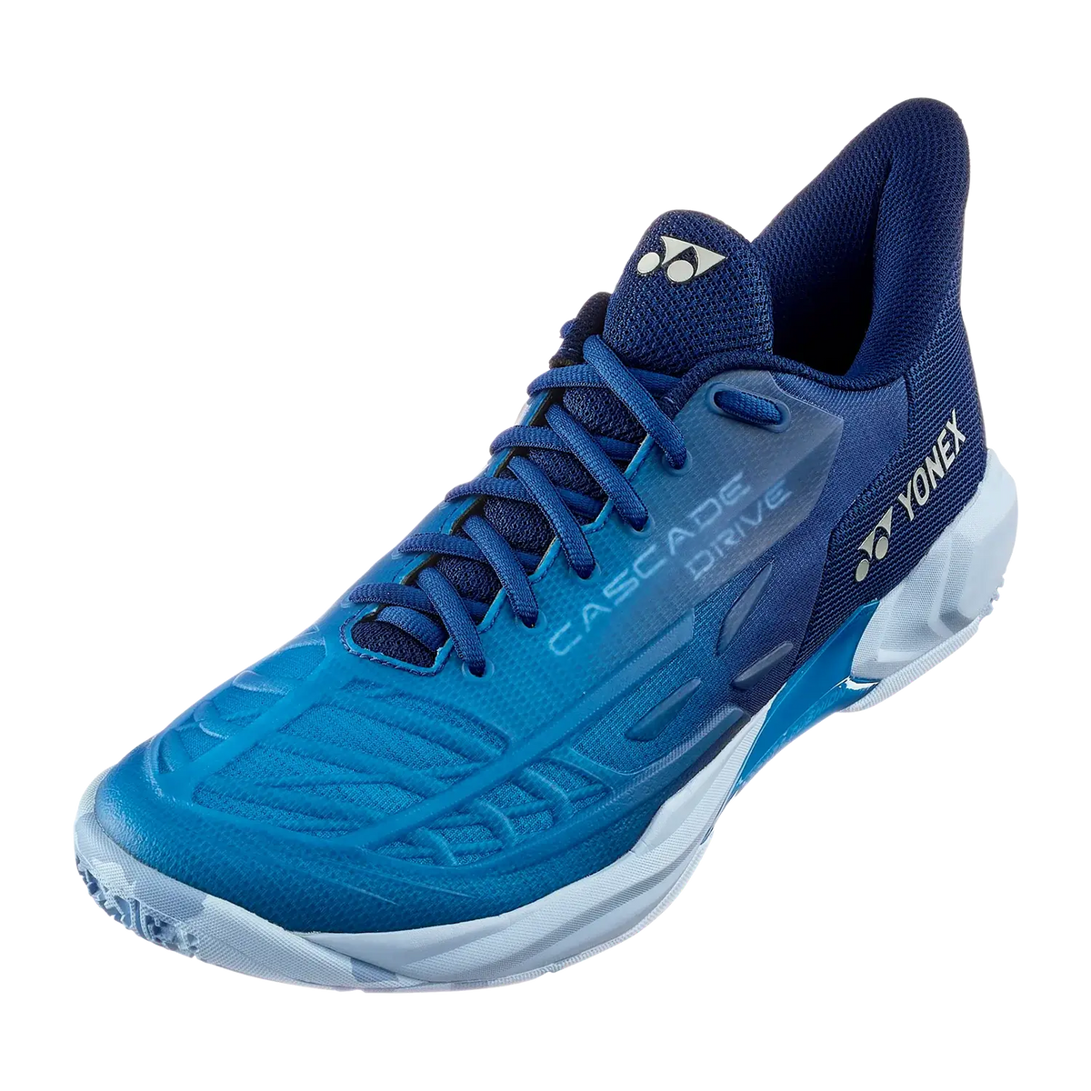 Yonex Power Cushion Cascade Drive 2 badminton shoe in blue mesh with gradient panels, lace-up design and white sole