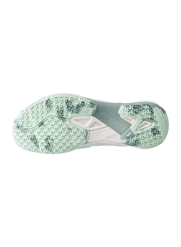 Yonex Power Cushion Cascade Drive 2 badminton shoe outsole in pale green and white, with a textured radial blade traction pattern