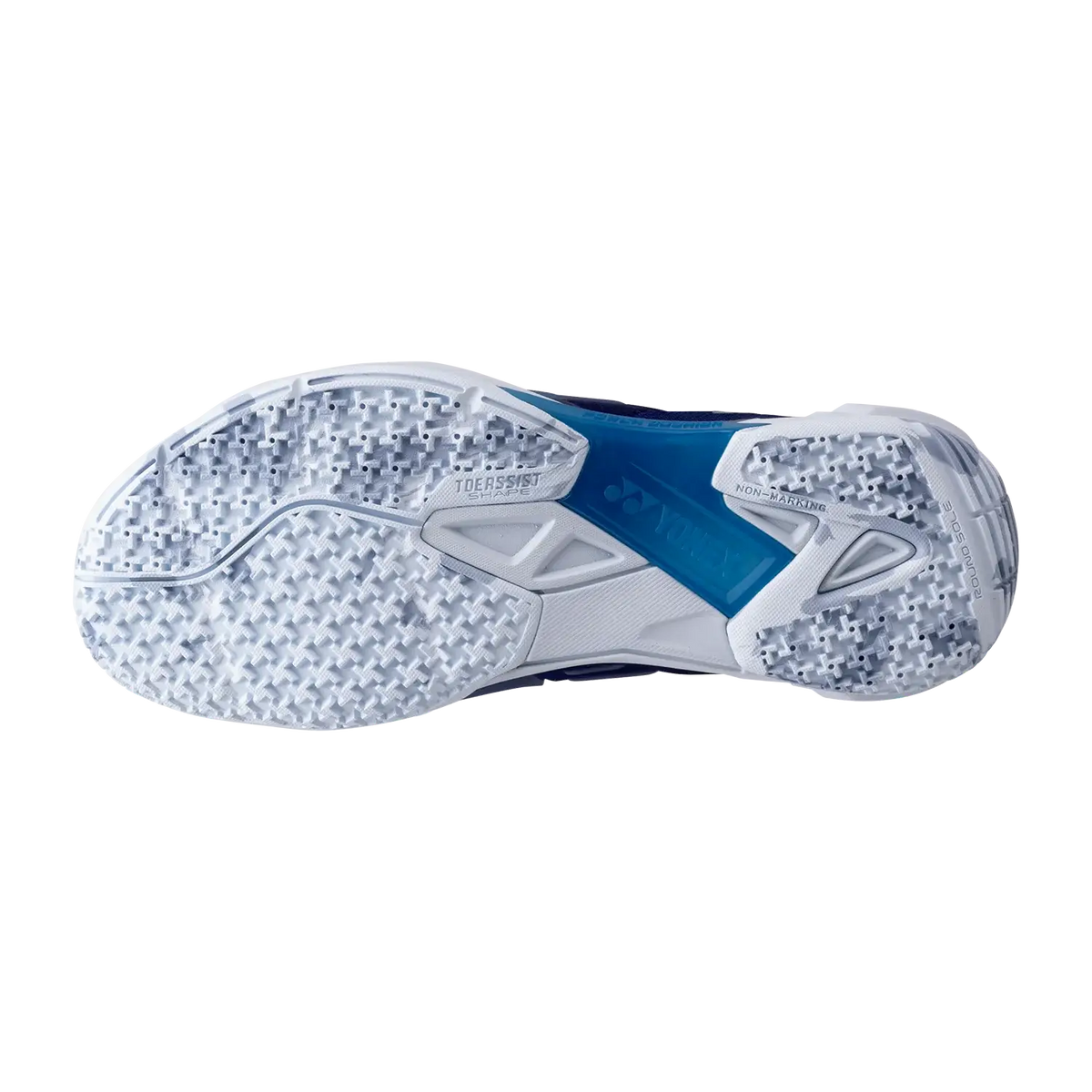 Yonex Power Cushion Cascade Drive 2 badminton shoe outsole in white and clear blue, with textured radial blade traction pattern