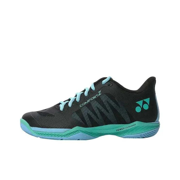 Yonex Power Cushion Comfort Z3 badminton shoe in black with mint laces, teal accents and a textured synthetic upper
