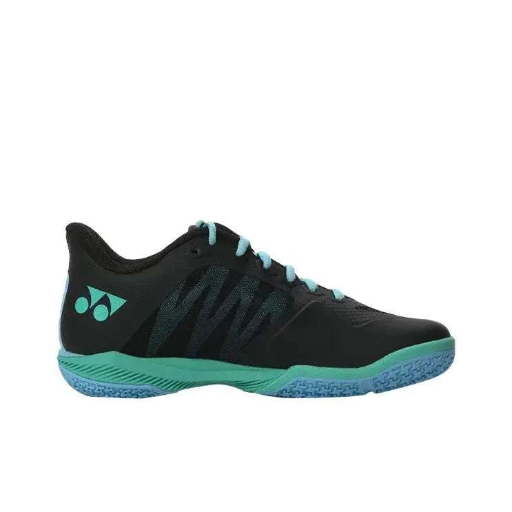 Yonex Power Cushion Comfort Z3 badminton shoe in black synthetic material with mint accents, aqua laces and blue patterned sole