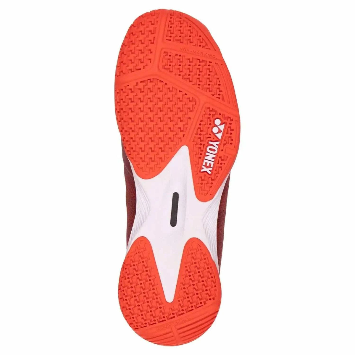 Yonex Power Cushion Comfort Z3 badminton shoe outsole with bright red patterned rubber sole and white midfoot section