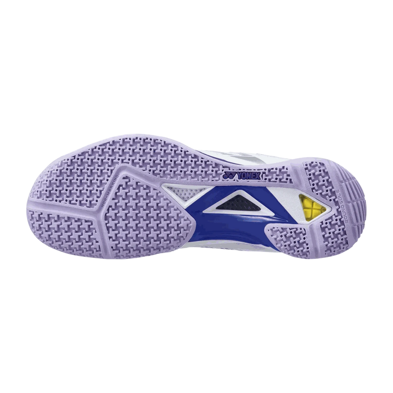 Yonex Power Cushion Eclipsion badminton shoe outsole in lavender purple rubber, with textured traction and blue midfoot support