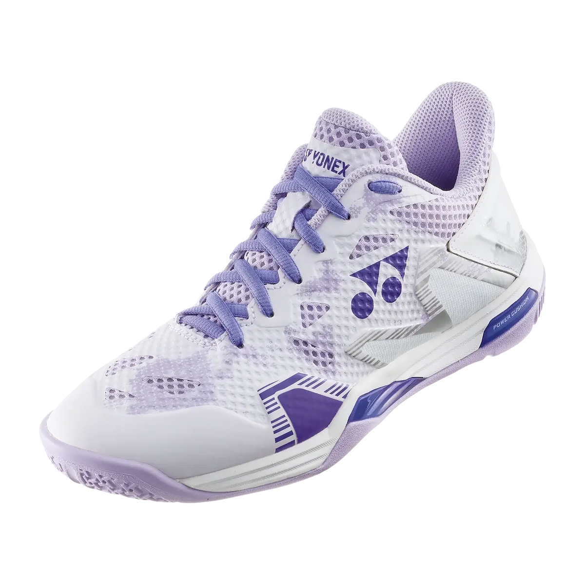 Badminton shoe, Yonex Power Cushion Eclipsion in white and purple synthetic mesh with a textured upper and supportive side panel
