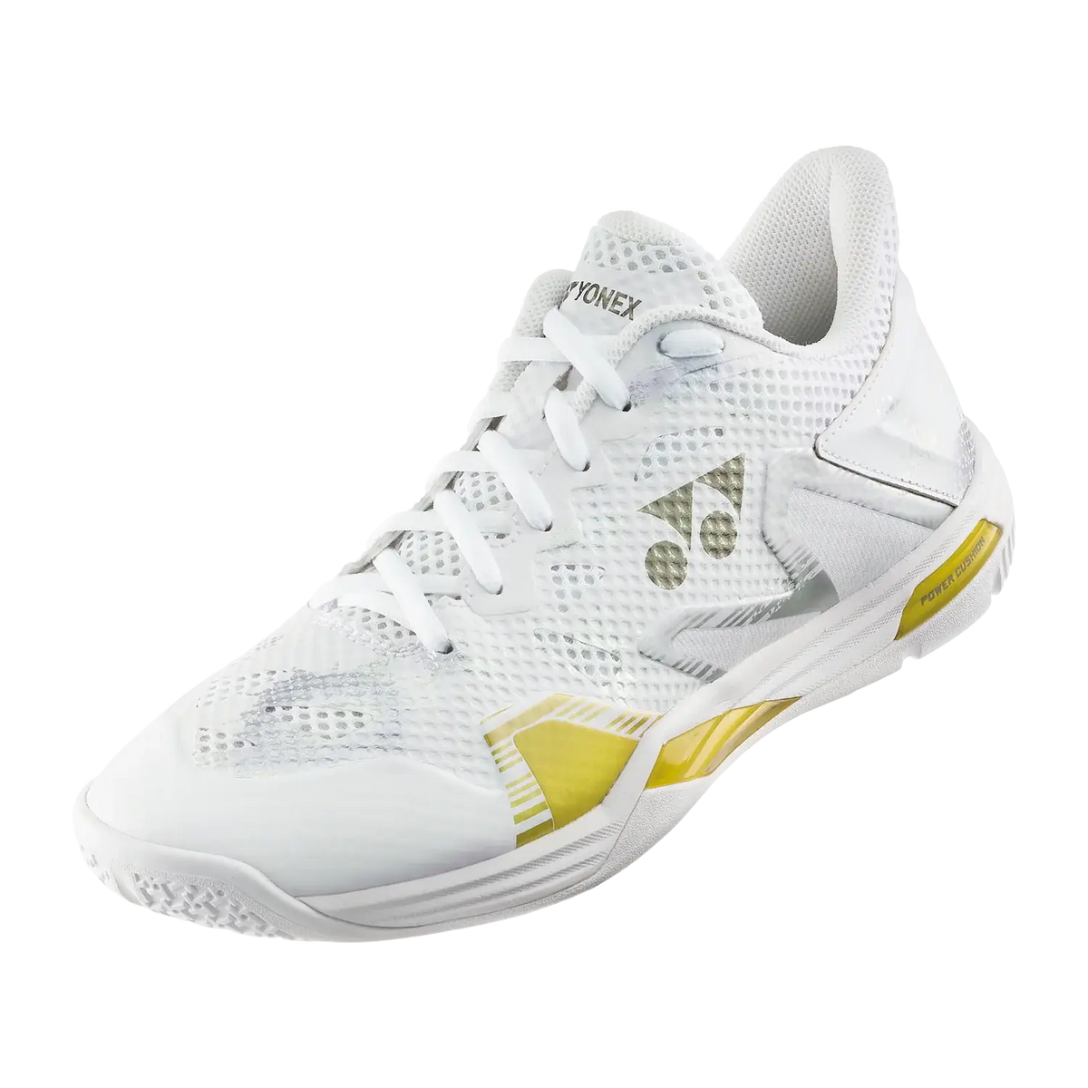 Yonex Power Cushion Eclipsion Z3 badminton shoe in white synthetic mesh with gold accents and a supportive lateral shell