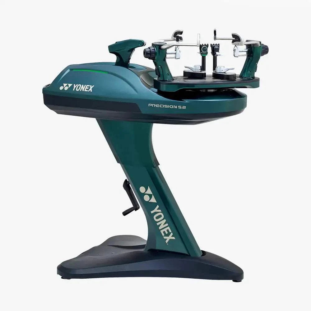 Yonex Precision 5.2 stringing machine in dark teal with a black pedestal stand and silver racket clamps