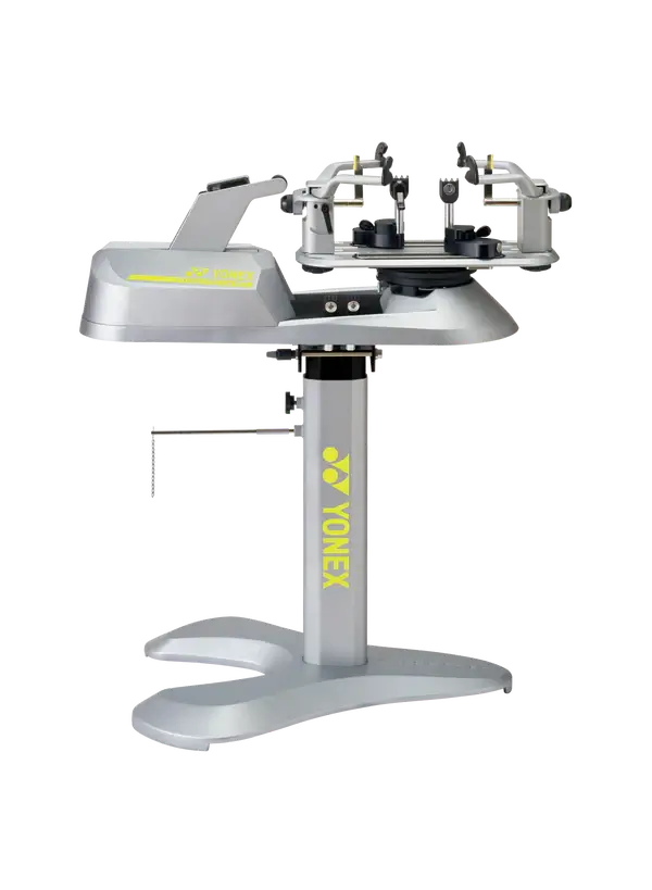 Yonex Precision 8.0 electronic stringing machine in silver and gray with a sturdy stand and yellow Yonex branding