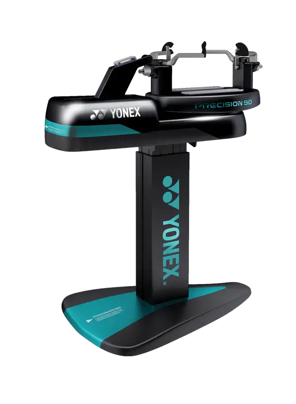 Yonex Precision 9.0 Stringing Machine in black with teal accents, featuring an electronic stringing head and branded pedestal