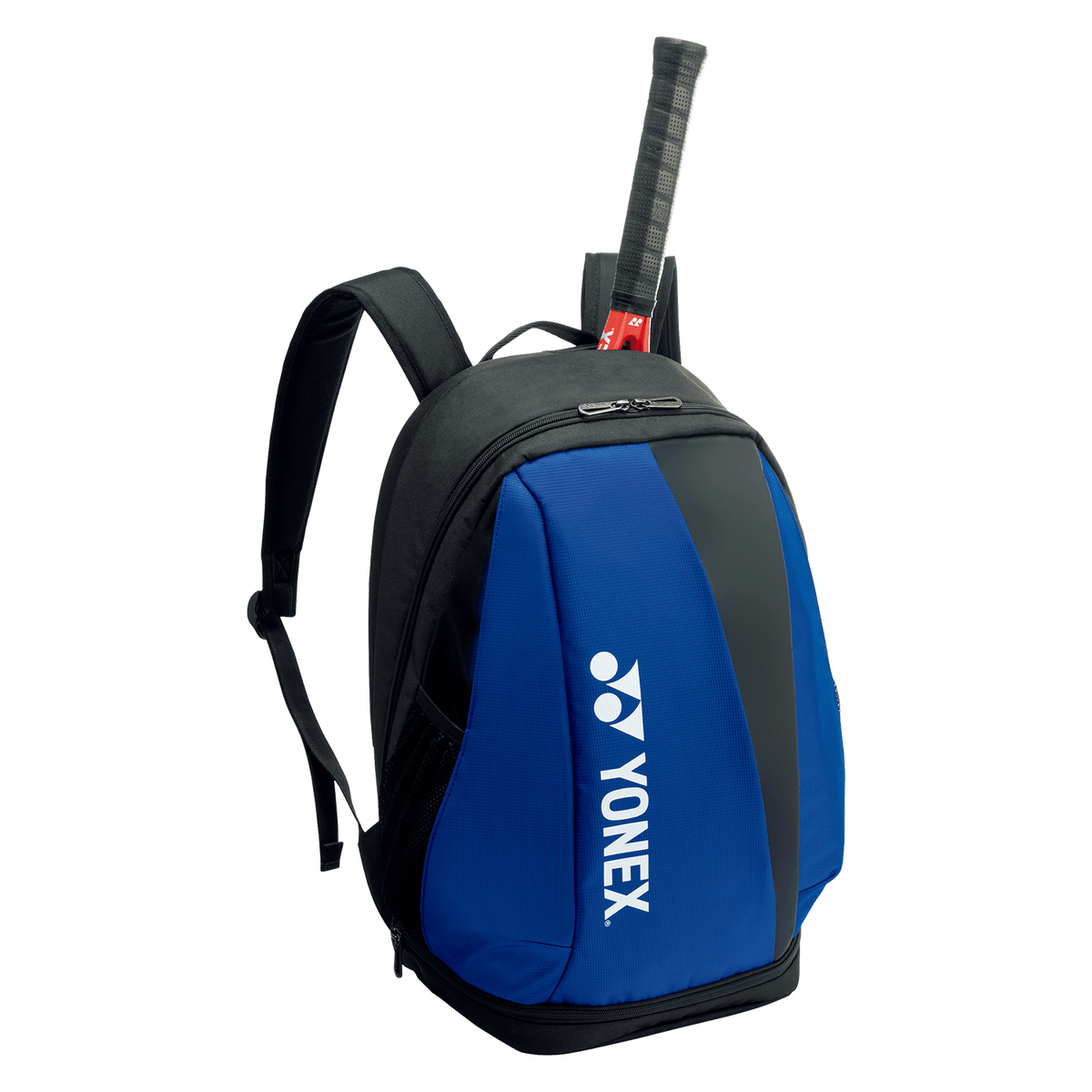 Yonex Pro Badminton Backpack in black and cobalt blue, with a padded racket compartment and white Yonex logo