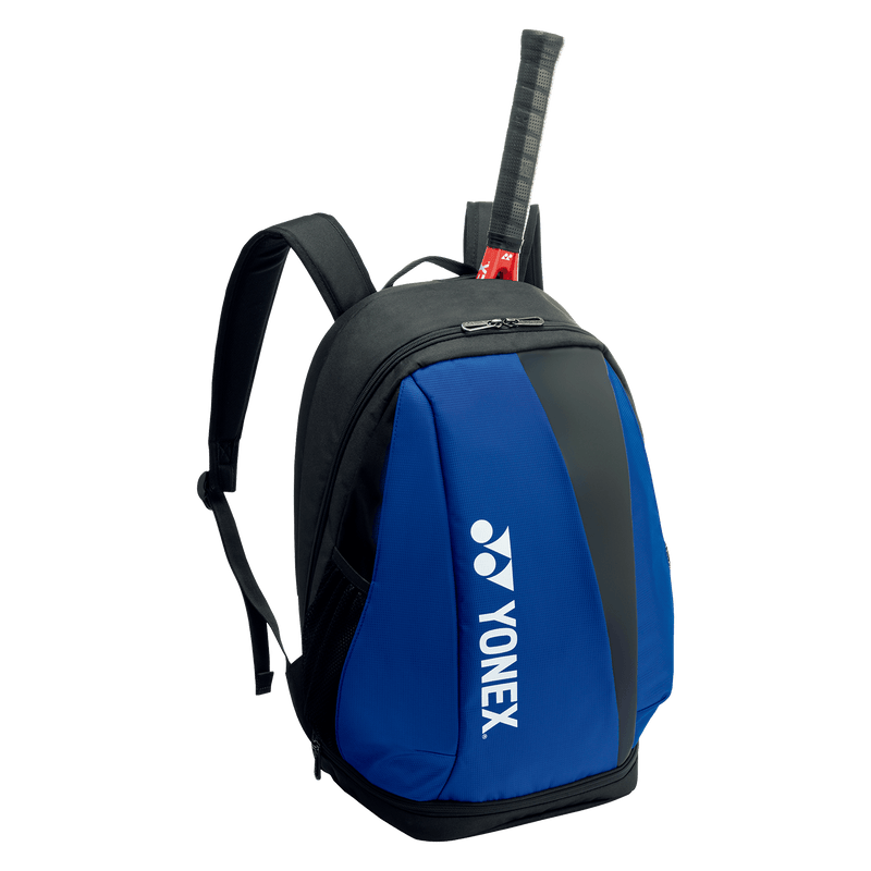 Yonex Pro Badminton Backpack in black and cobalt blue, with a padded racket compartment and white Yonex logo