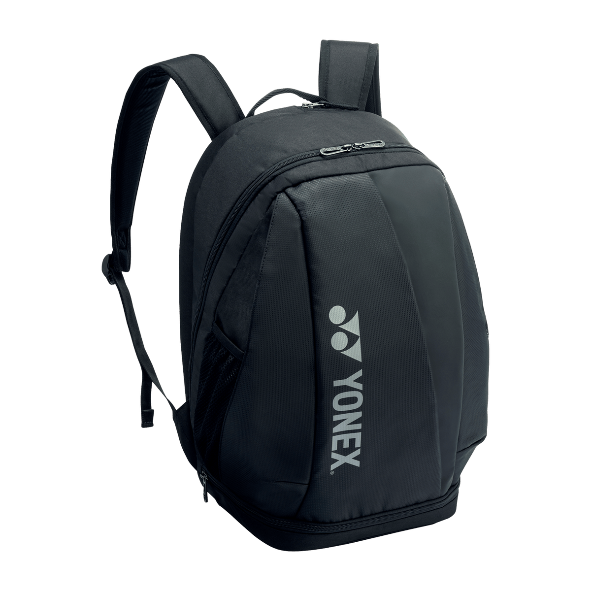 Yonex Pro Badminton Backpack in black with a smooth textured finish, curved zip compartments, side mesh pocket and logo