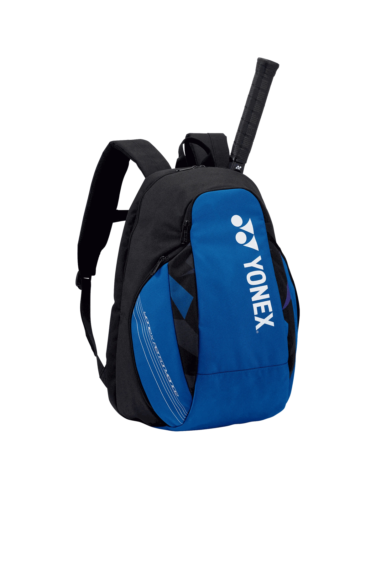 Yonex Pro Series badminton backpack in blue and black, with bold Yonex branding, curved zip compartments and racket holder