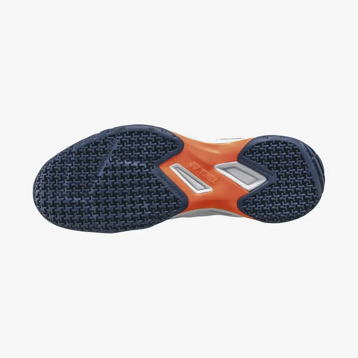Yonex Strider Beat Power Cushion badminton shoe outsole with dark navy patterned rubber tread and orange midfoot accents