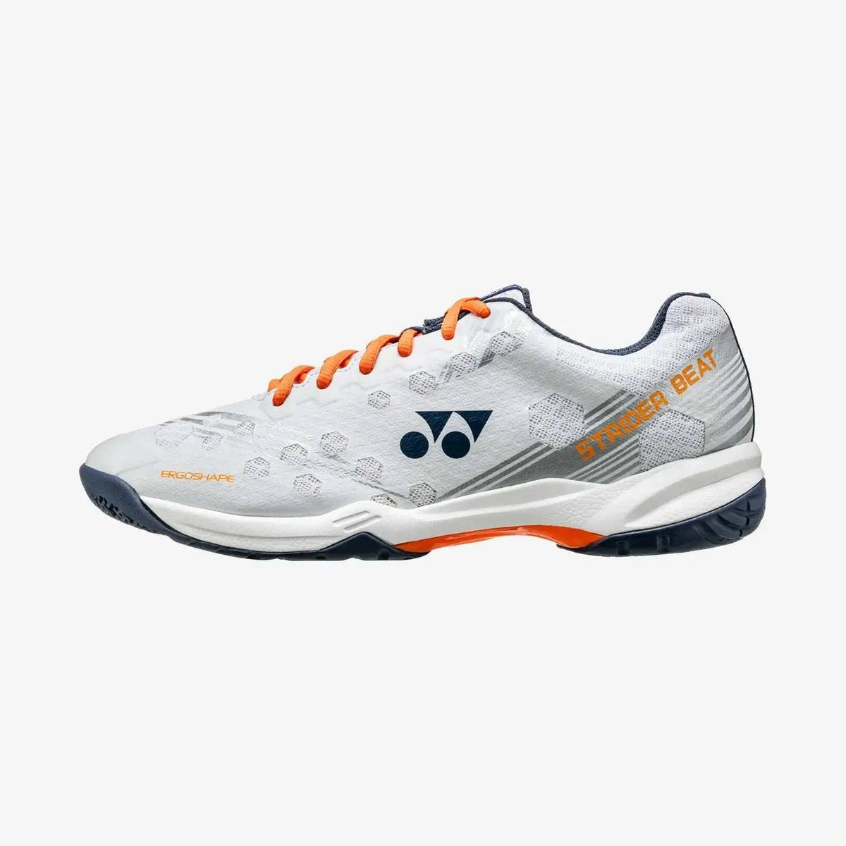 Yonex Strider Beat Power Cushion badminton shoe in white and grey synthetic mesh with orange laces and accents