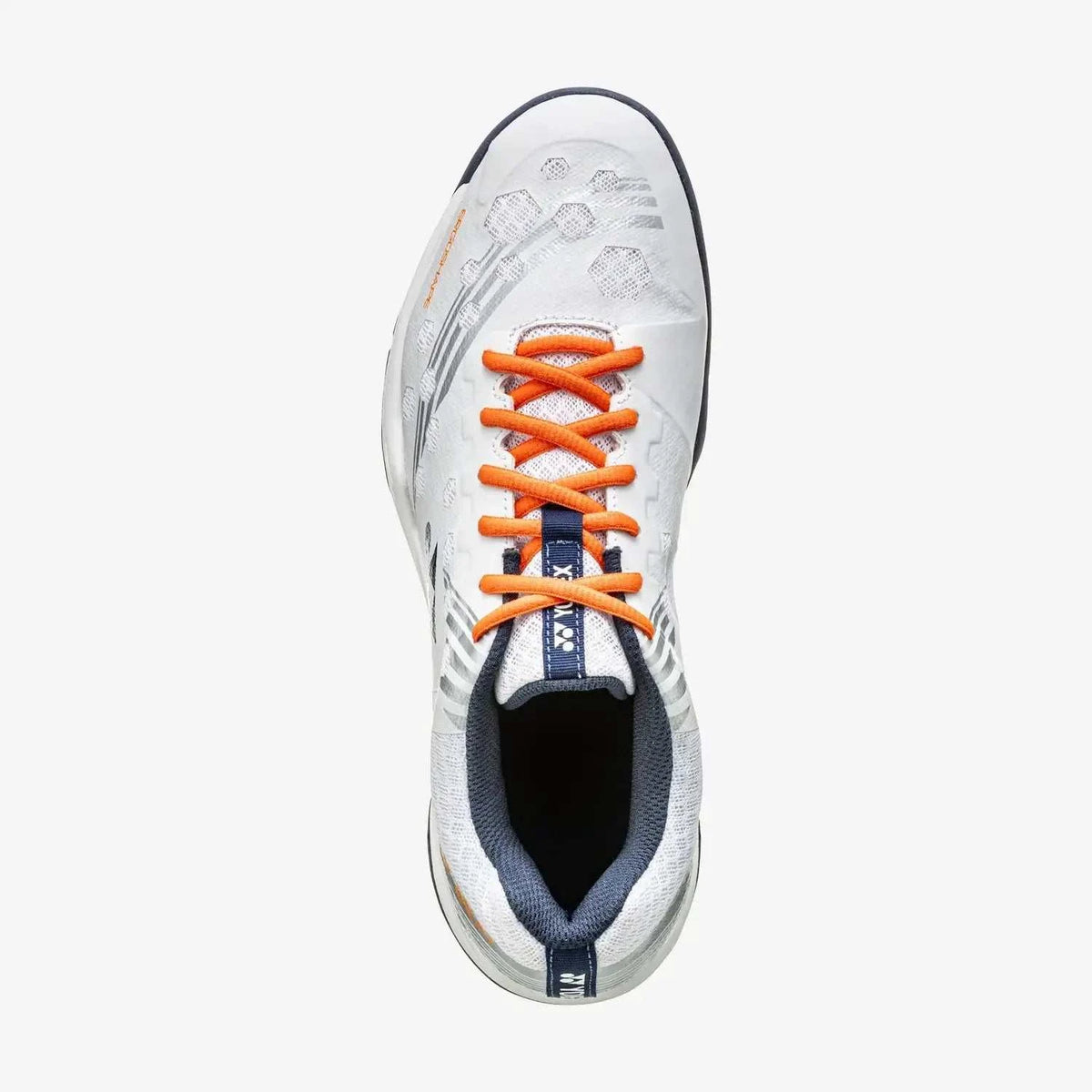 Yonex Strider Beat Power Cushion badminton shoe in white synthetic mesh with vivid orange laces and grey accents