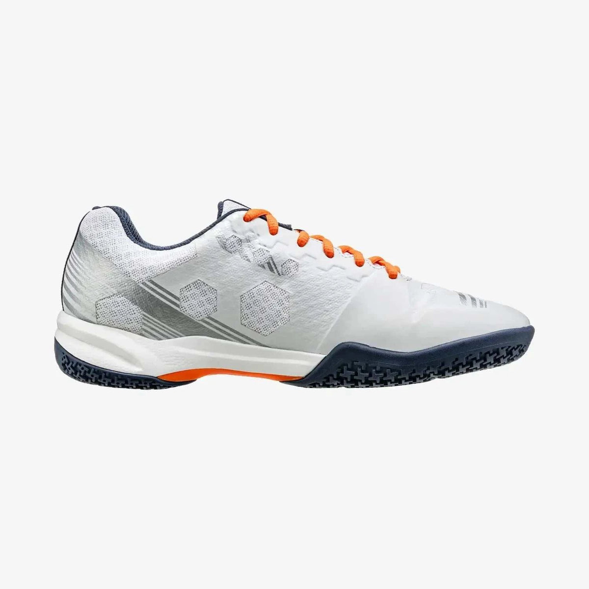 Yonex Strider Beat Power Cushion badminton shoe in white synthetic mesh with gray detailing, orange laces, and a dark rubber sole
