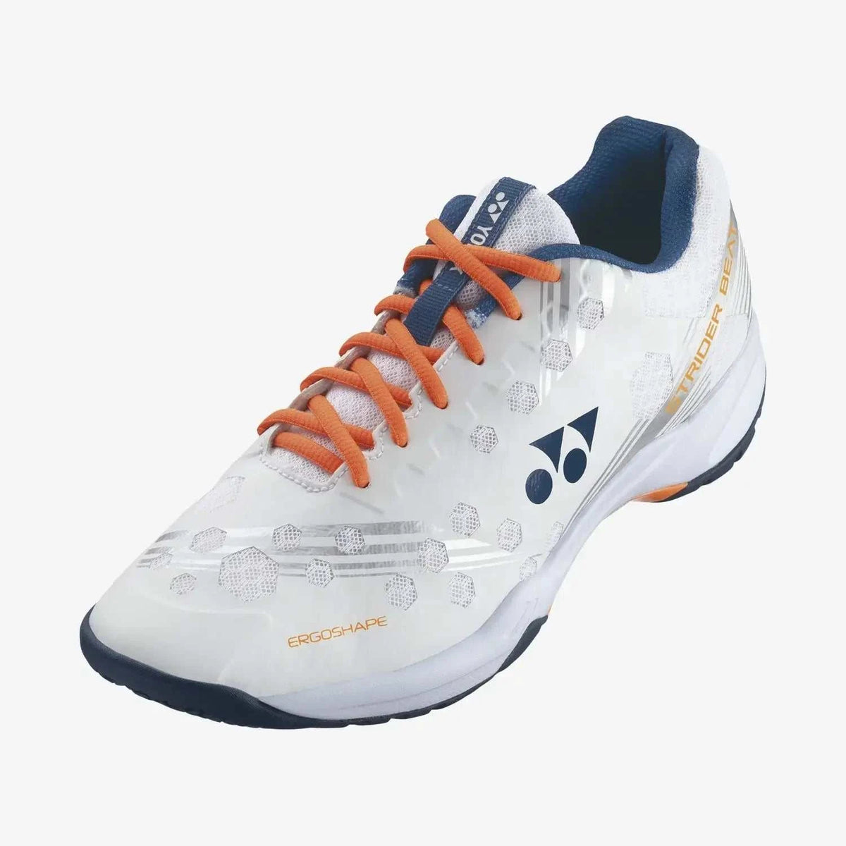 Yonex Strider Beat Power Cushion badminton shoe in white synthetic fiber with orange laces, navy accents and patterned upper