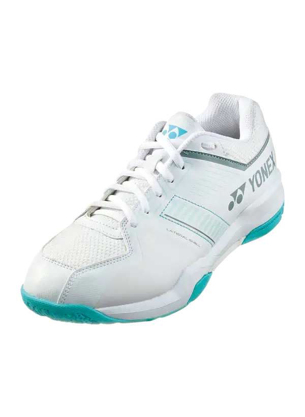 Yonex Strider Flow Power Cushion badminton shoe in white synthetic fiber with mint accents, laces and textured rubber sole