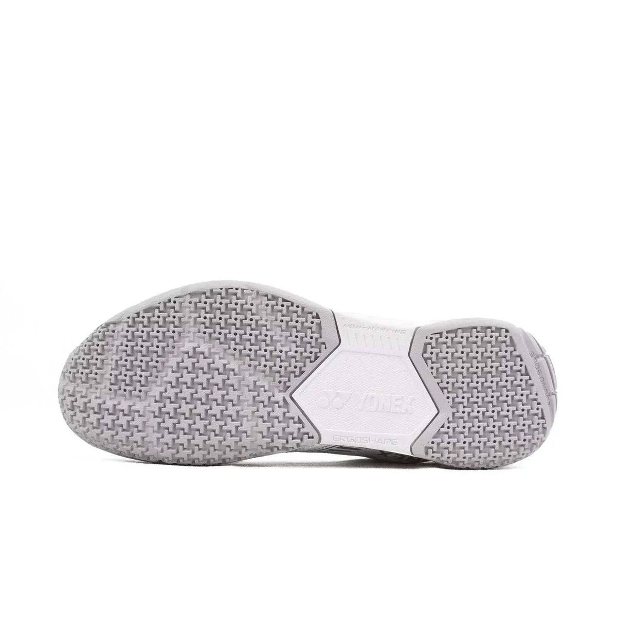 Yonex Strider Flow badminton shoe sole in white and grey, with textured rubber tread and central logo panel