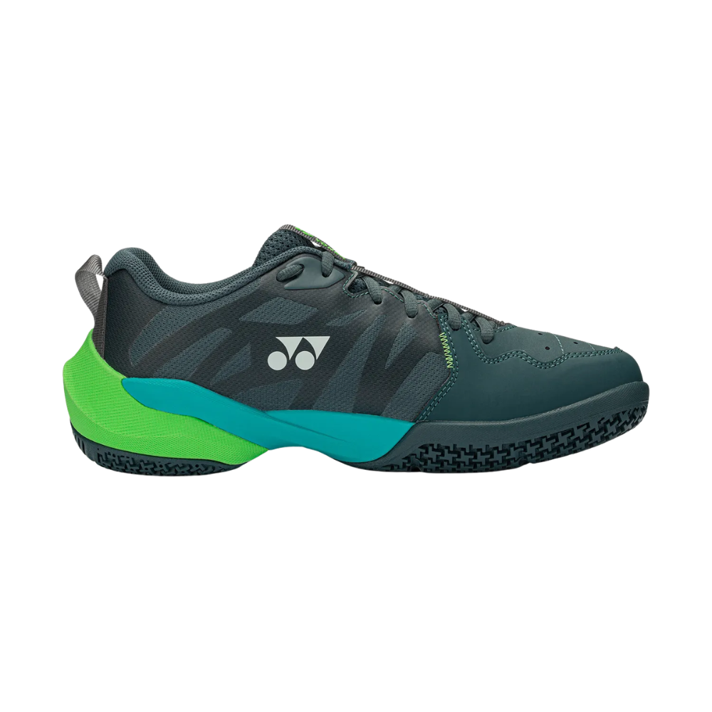 Yonex Subaxia GT badminton shoe in dark green with a lightweight patterned upper, teal midsole accents and black tread