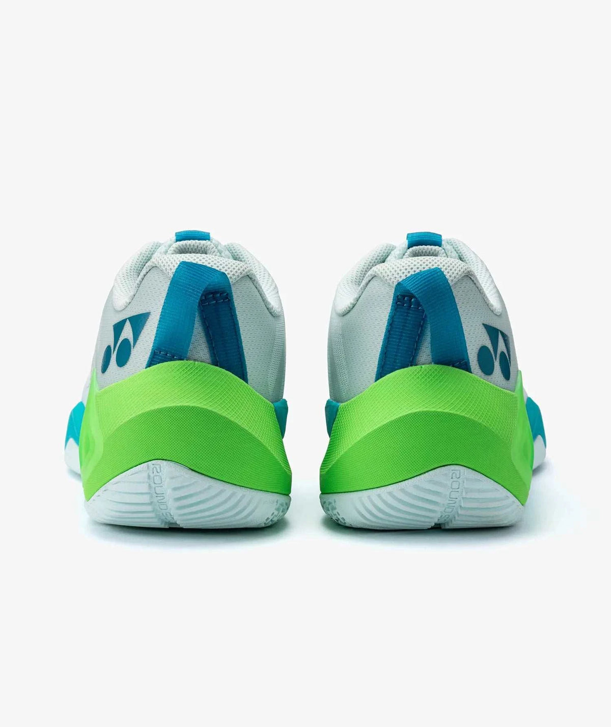 Yonex Subaxia GT Men's Badminton Shoes in pale green with white, teal and blue accents and sculpted heel panels