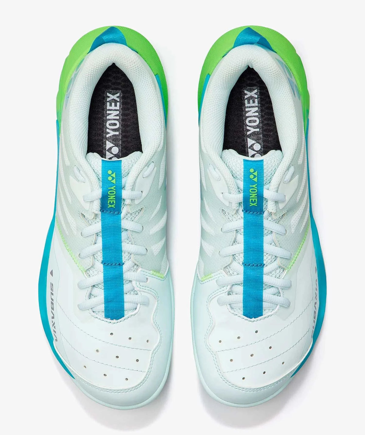 Yonex Subaxia GT Men's Badminton Shoes in pale mint green with white uppers, turquoise accents and lime green heel panels