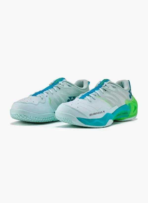 Yonex Subaxia GT Men's Badminton Shoes in pale mint green with teal accents, white laces and chunky cushioned soles