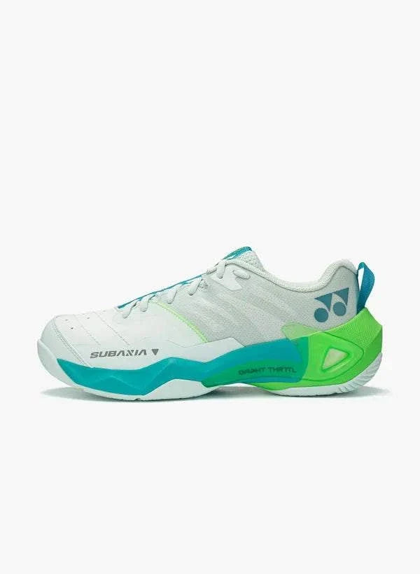 Yonex Subaxia GT Men's Badminton Shoes in white and pale green with teal accents, mesh upper and cushioned sole