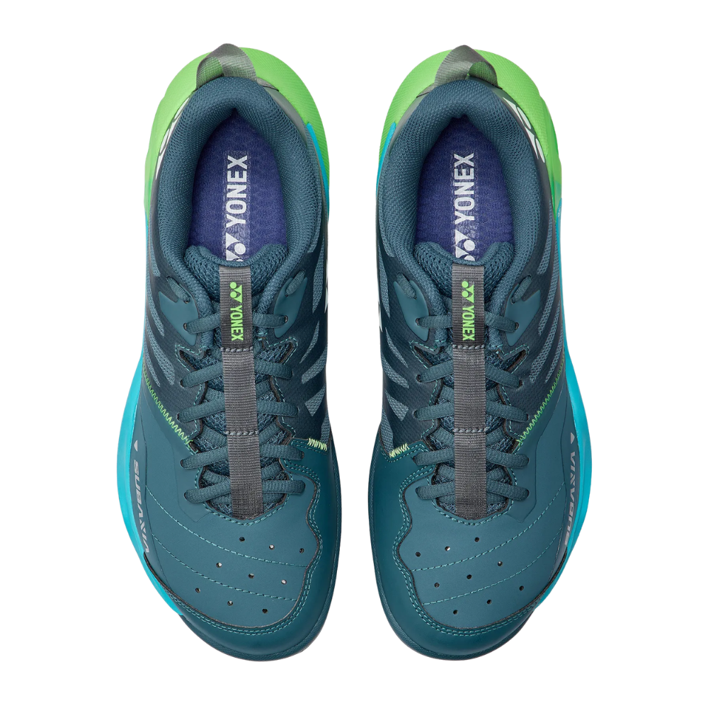 Yonex Subaxia GT wide badminton shoes in dark teal with green accents, breathable mesh details and cushioned soles