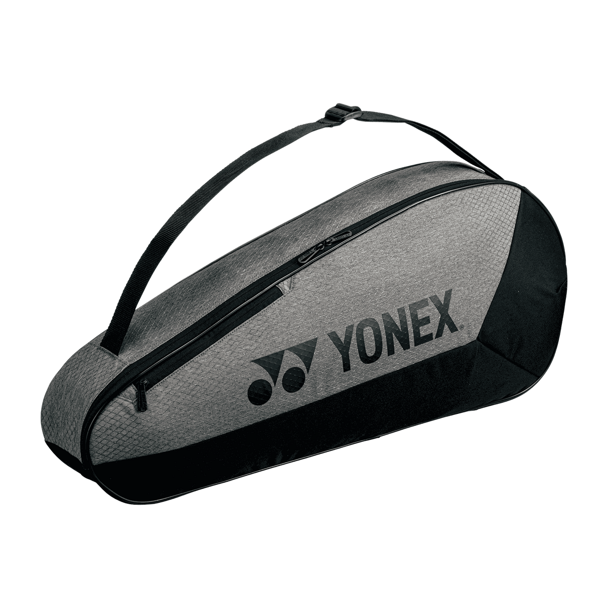 Yonex Team Series badminton bag in grey and black, with a textured panel, large logo, zip pocket and shoulder strap
