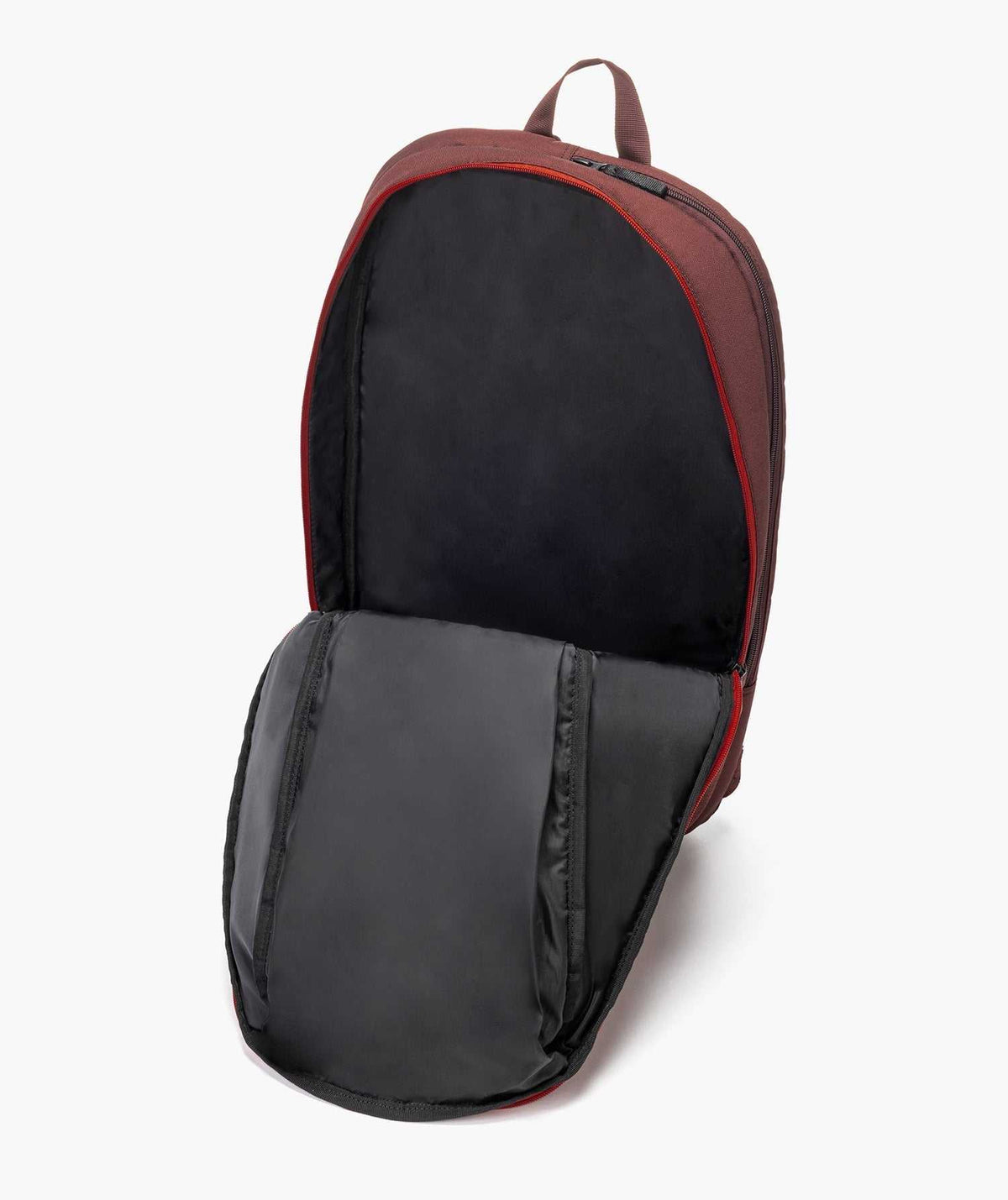 Yonex Team Series badminton backpack in black and burgundy with red piping, curved zip closure and front pocket