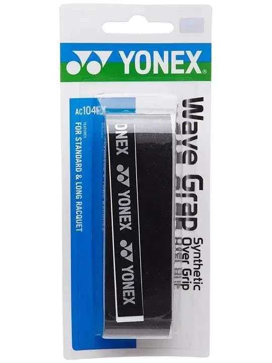 Yonex Wave Grap Overgrip in black, with a textured synthetic surface and branded packaging for rackets
