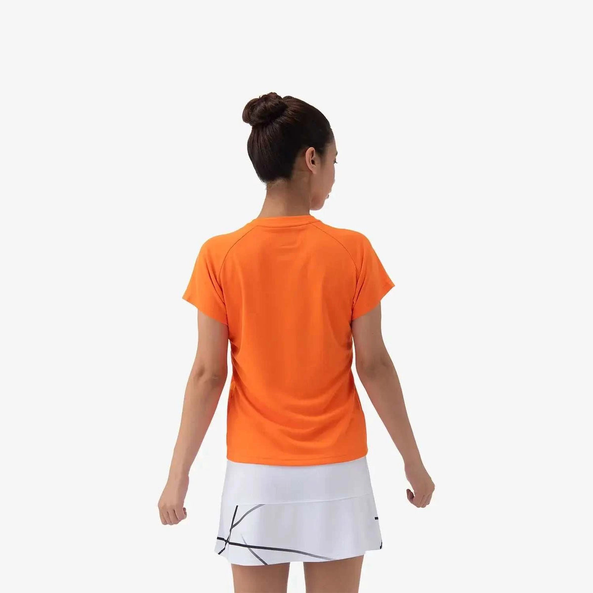 Yonex Women's Crew Neck Shirt in bright orange polyester, shown from the back with short sleeves and a crew neckline