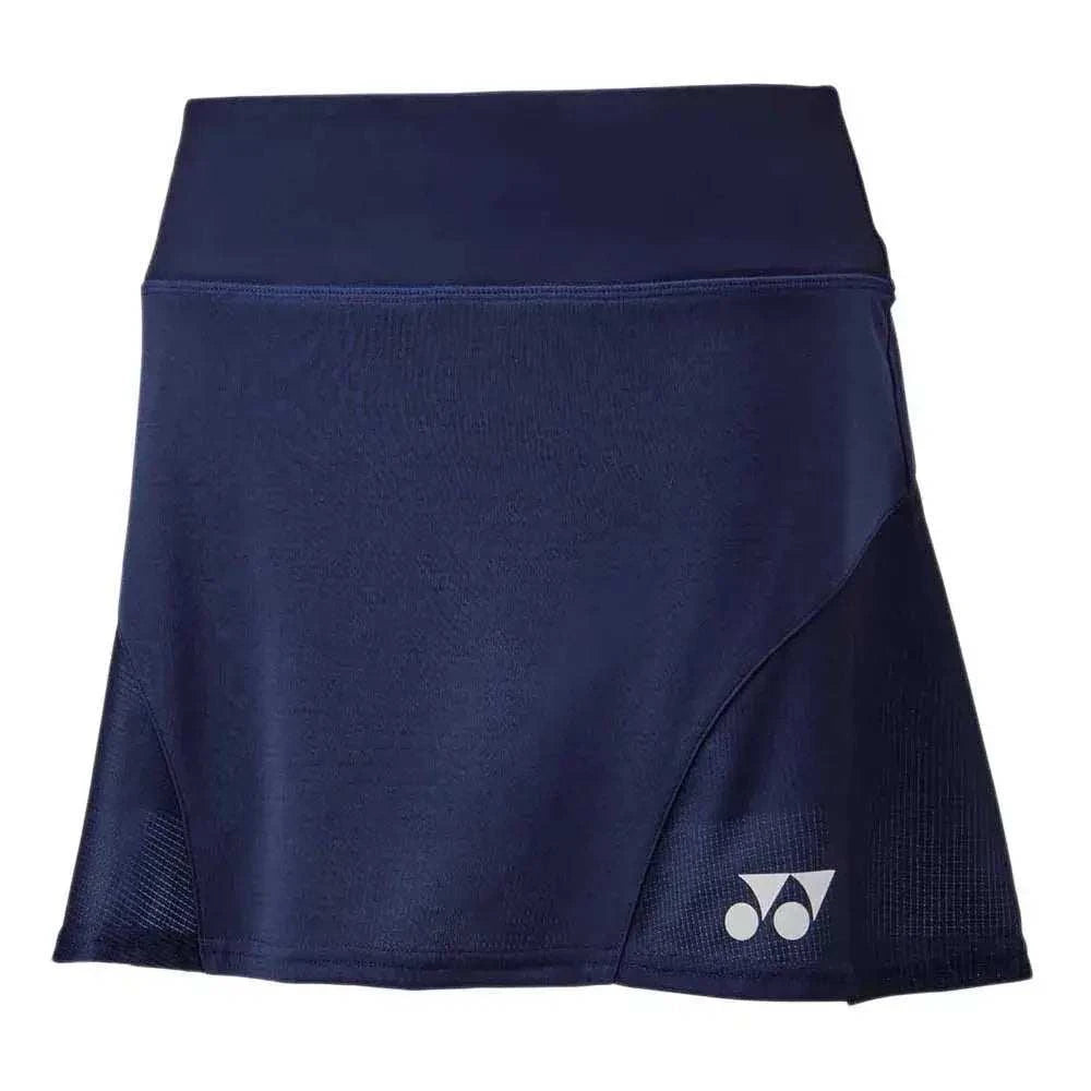 Yonex Women's Badminton Skirt in dark navy polyester with a wrap-style diagonal panel, textured side inserts and white logo