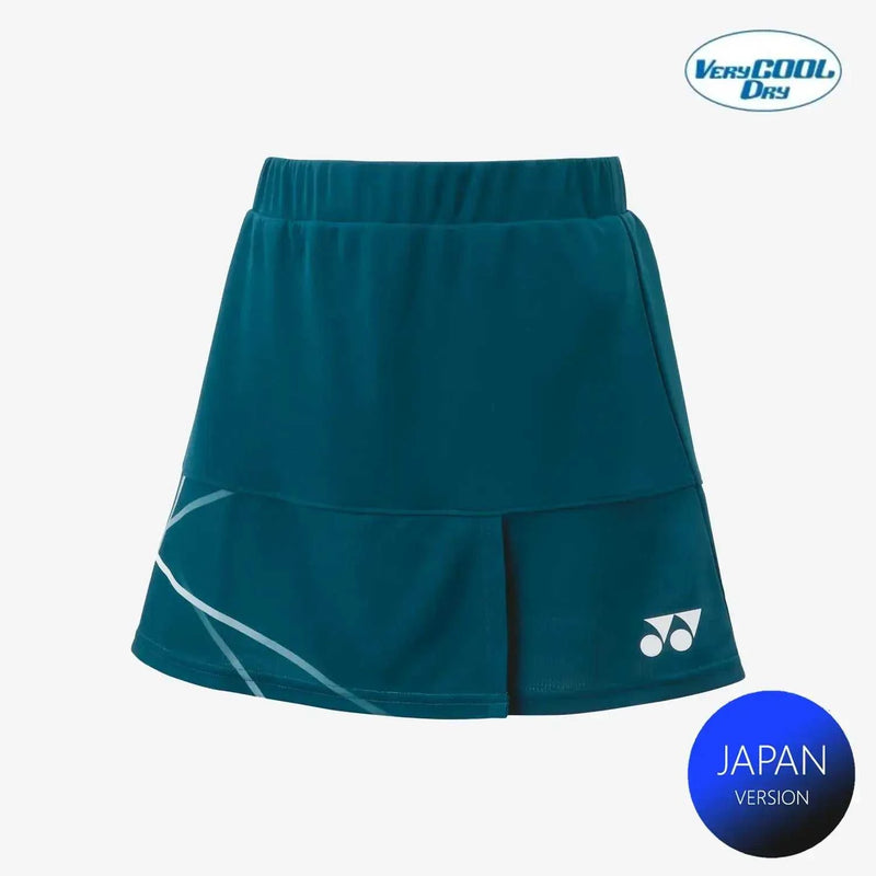 Yonex Women's Badminton Skirt in deep teal polyester with an elastic waistband, white diagonal accents and logo