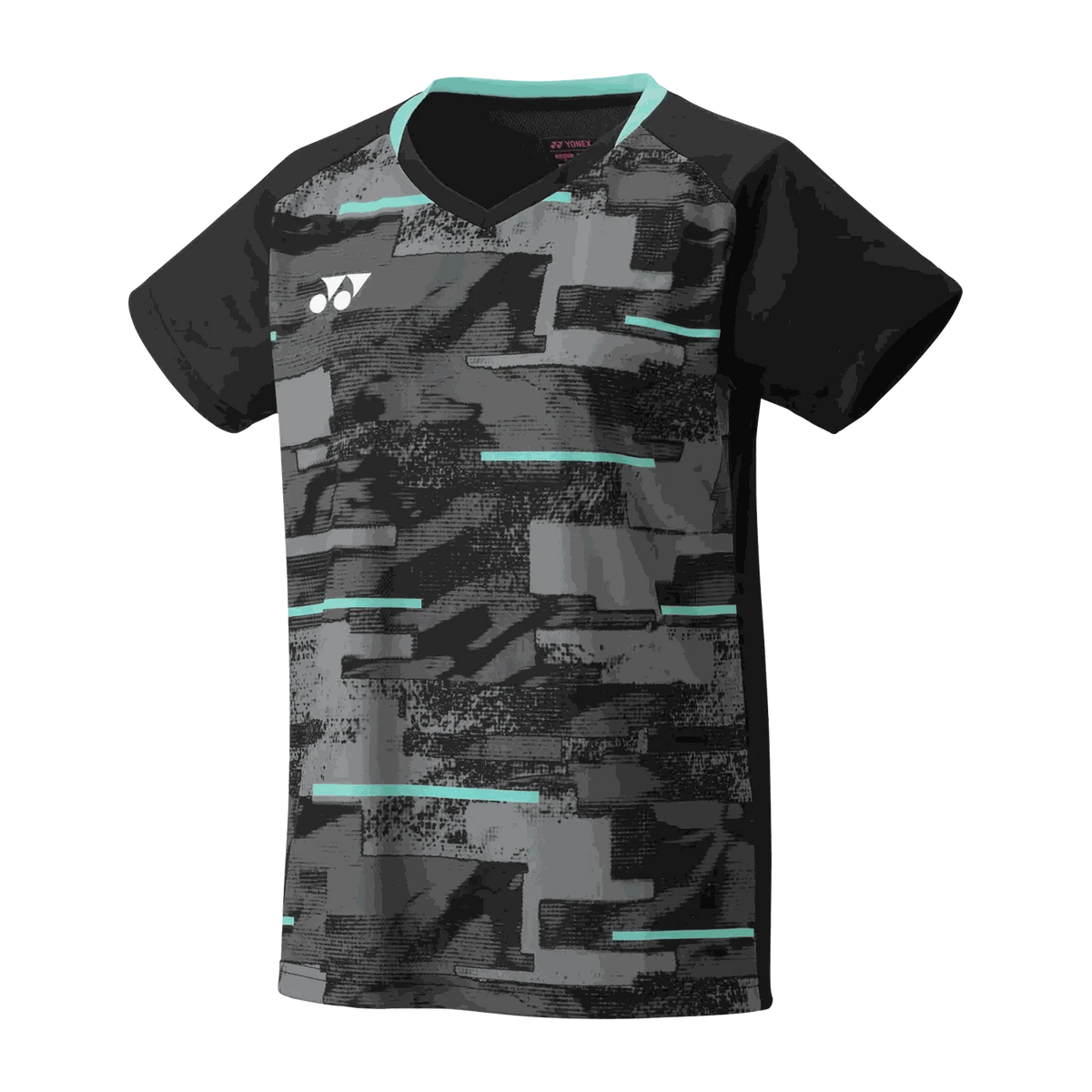 Yonex Women's Crew Badminton Shirt in black polyester with a gray abstract block pattern and turquoise trim