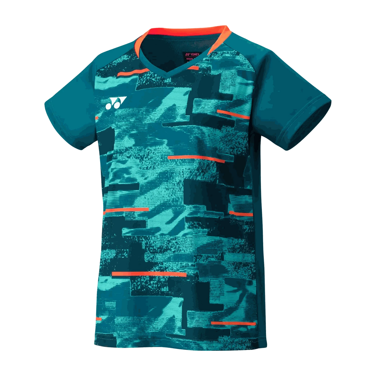 Yonex Women's Crew Badminton Shirt in teal and turquoise polyester with abstract geometric print and coral V-neck trim